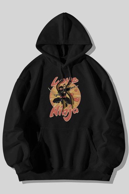 Love Ninja Printed Unisex Black Kangaroo Pocket Hooded Sweatshirt Hoodie