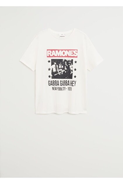 MANGO Woman Kadın Kırık Beyaz Ramones Tişört 67014398 - 1