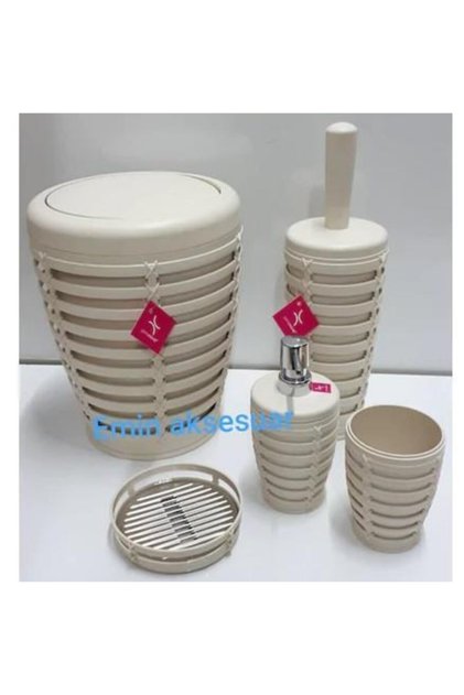 Primanova Palm 5 Parça Yuvarlak Çöp Kovalı Banyo Seti Bej Krem