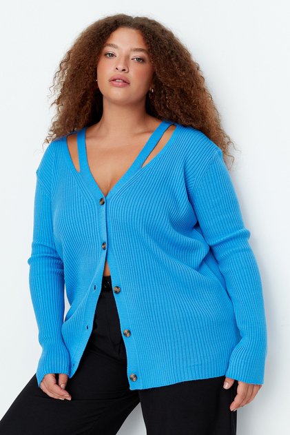 Cardigan albastru din tricotaj cu nasturi, cu bandă cu decolteu în V TBBAW23AV00086