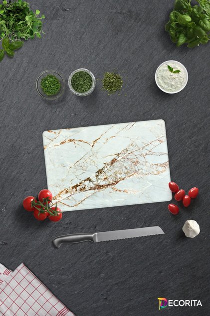 White Marble Look with Gold Detail | Glass Cutting Board - Glass Cutting Board | 20cm X 30cm