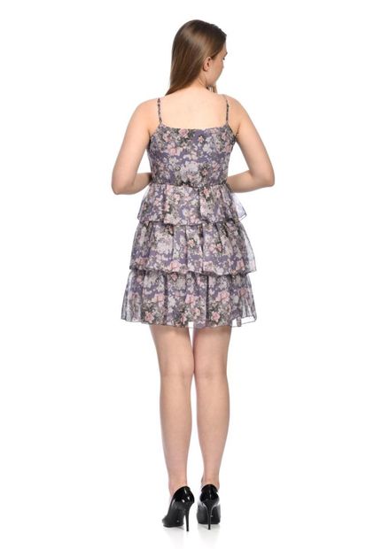Genel Markalar Çiçekli Lila Şifon Katlı Elbise - 3