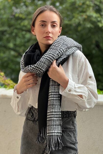 Plaid Patterned Wool Textured Double Sided Scarf Shawl