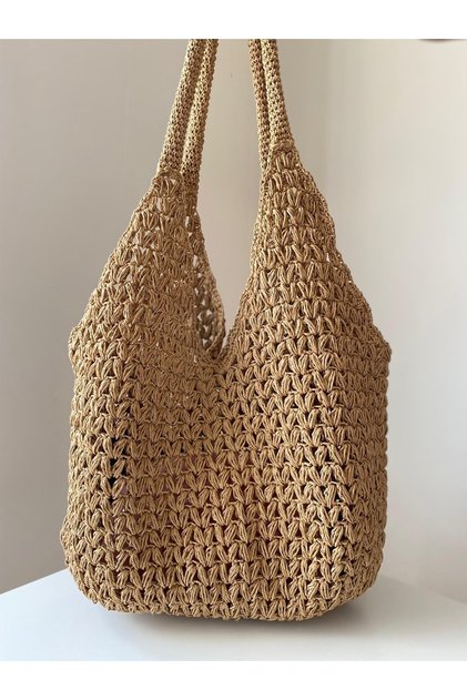 Women's Mink Color Handmade Paper String Lined Knitted Daily Shoulder Bag - Mink