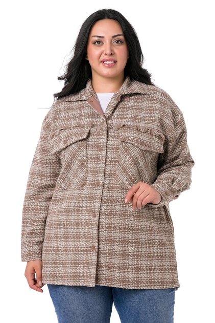 Large Size Low Sleeve Pocketed Mink Women's Jacket Shirt with Fringed Placket and Garnish Inside