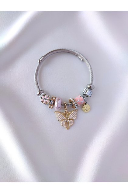 Charm Bileklik Pembe Kelebekli Çelik Kadın Bilezik