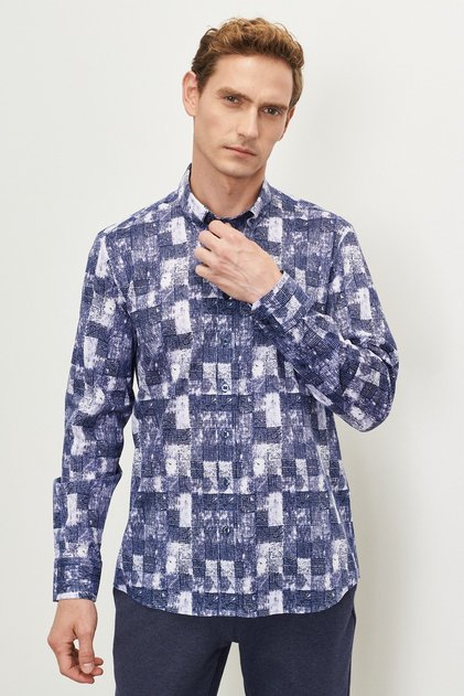 Men's Navy Blue Slim Fit Slim Fit Button Collar 100% Cotton Printed Shirt