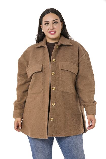 Plus Size Low Sleeve Big Pocket on the Chest Side Slit Boucle Brown Jacket Shirt