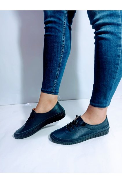 Women's Navy Blue Genuine Leather Rubber Laced Shoes