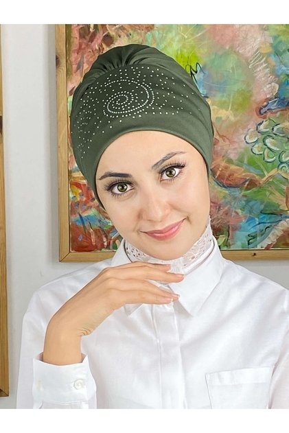 Helezon Taşlı Kına Yeşili Bone
