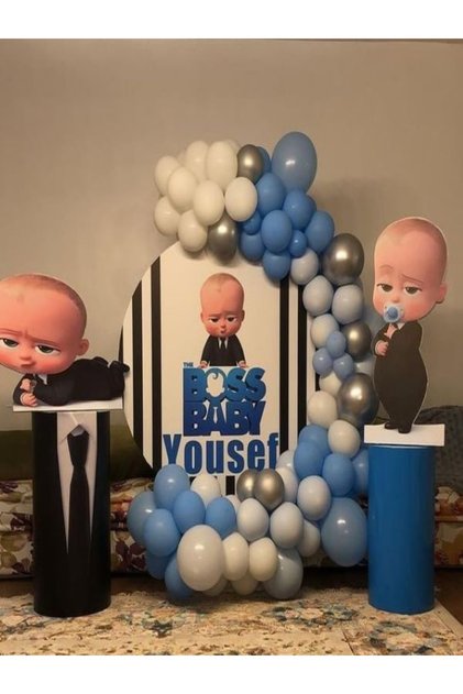 Patron Bebek Temalı Balon Zincir Seti Mavi Beyaz Mavi Gümüş 65 Adet Balon Baby Boss Doğum Günü