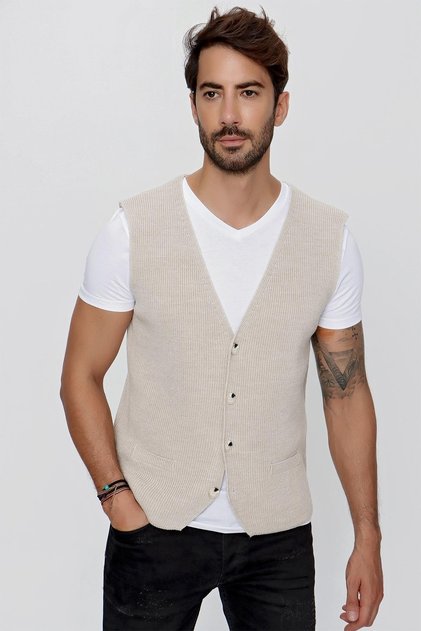 Erkek Süs Cepli Regular Fit Triko Yelek Bej 23w218