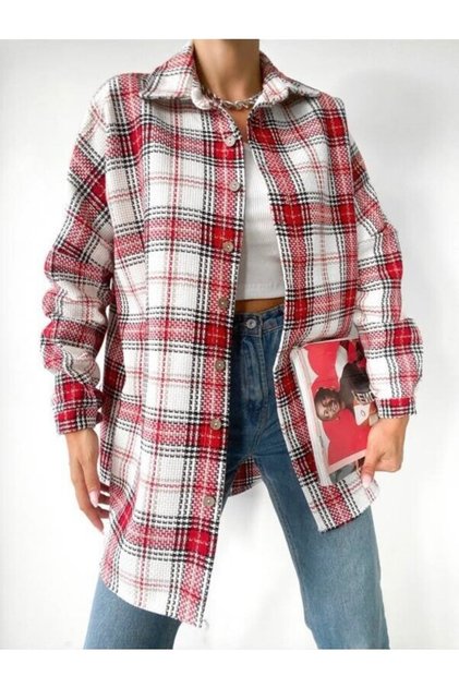 Red Color Square Patterned Standard Size Chanel Fabric Lumberjack Shirt