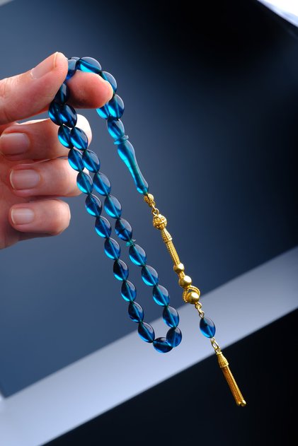 Silver Tassel Blue Fire Amber Rosary