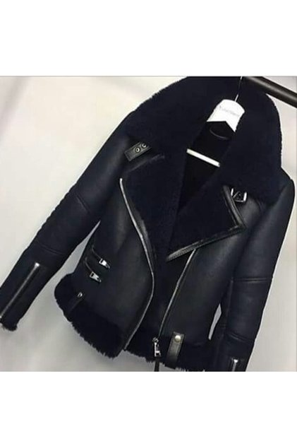 Genuine Leather Women's Leather Coat with Black Fur Side Zipper