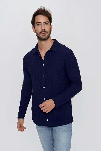 Men's Regular Fit Patterned Long Sleeve Knitwear Shirt Navy Blue 23w211