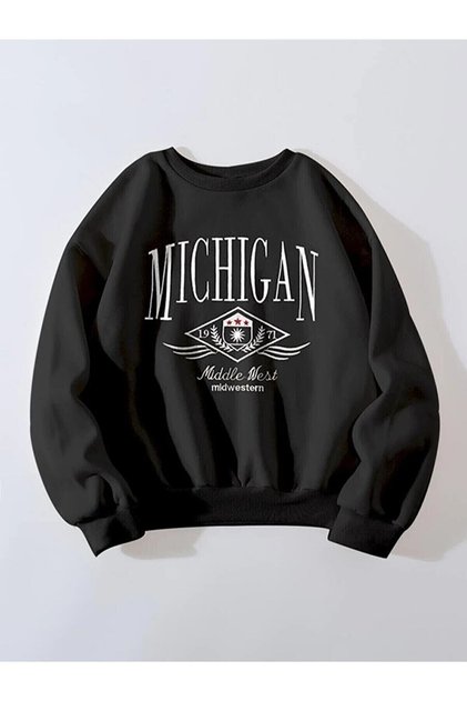 Siyah Bisiklet Yaka Michigan Sweatshirt