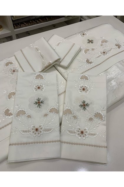 Handcrafted Needle Embroidered, Rococo, Embroidered Pique and Duvet Cover Set Consisting of 7 Pieces