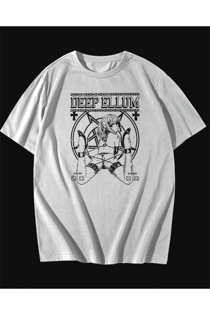 Deep Ellum Written Manga Anime Themed Oversize Unisex White T-Shirt Tee