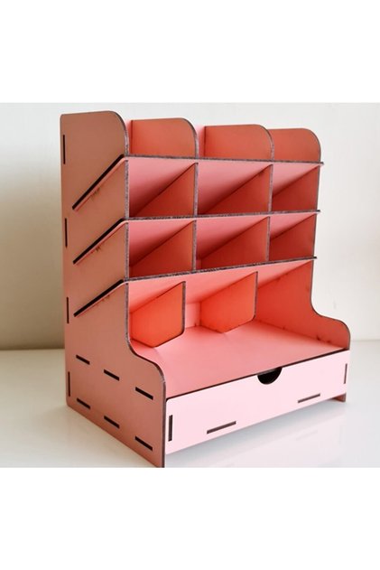 Masaüstü Çapraz 9 Bölmeli Çekmeceli Kalemlik Pembe Organizer Montajı Yapılmış