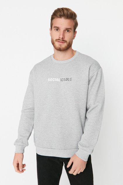 Hanorac gri oversize/cu croială largă, cu imprimeu slogan și fleece la interior/călduros TMNAW23SW00478