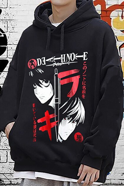 FICTION Side Cutting Hooded Shirts 新品 Freak Tshirt Siyah Renk Death Note Baskılı Unisex Anime Geniş