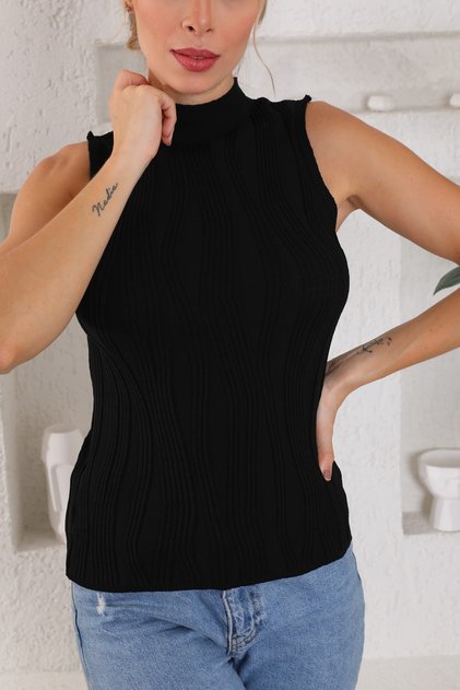 Women's Stand Collar Zero Sleeve Embossed Pattern Black Knitwear Blouse