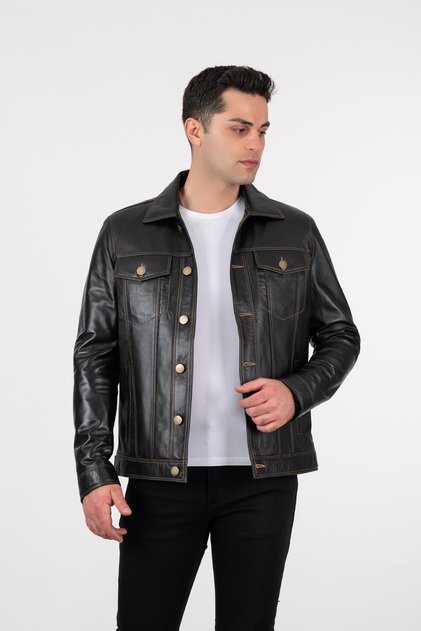 Erkek Siyah Kot Model Düğmeli Hakiki Deri Ceket