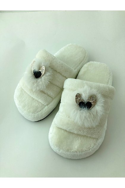 Ekru Tüylü Peluş Çocuk Ev Terliği