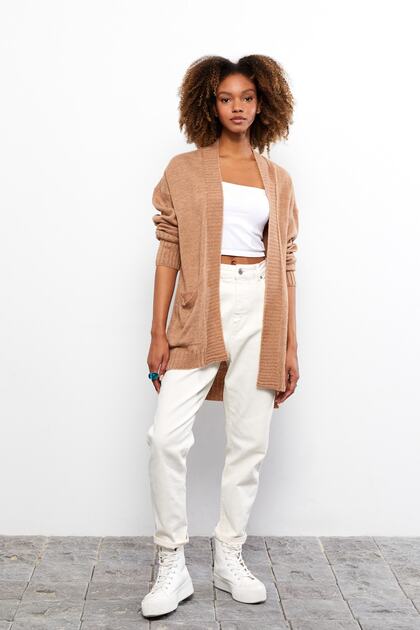 【最終価格】 Cardigan Jacket - LC Stripe Ricci Lightweight Maxi Stripe Cardigan - Camel | Cara & The Sky