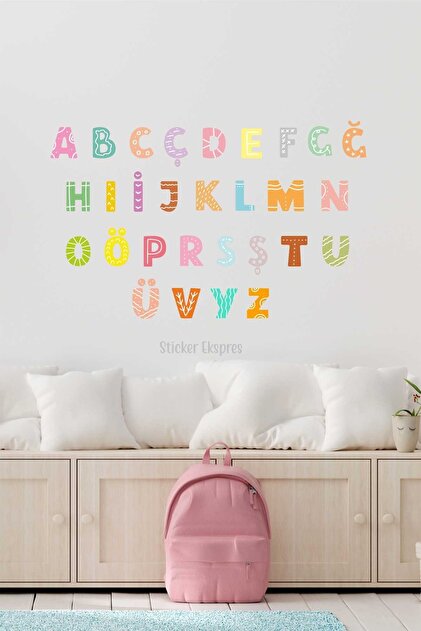 Rengarenk Desenli Türkçe Alfabe Çocuk Odası Anaokulu Kreş Duvar Sticker Seti