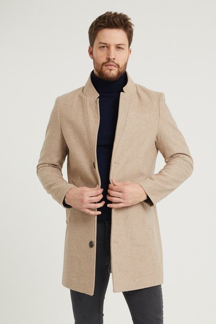 Men's Beige Cashmere Coat Slim Fit Stand Collar Winter Coat Overcoat