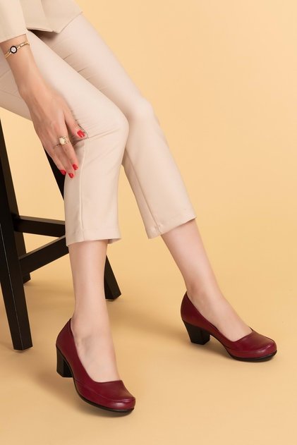Women's Genuine Leather Classic Heeled Shoes Vdt.8080 - Claret Red - 43