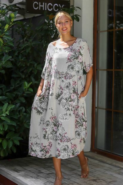 Chiccy Kadın Bej İtalyan Sıfır Yaka Gül Desenli Beli Büzgülü Astarlı Kısa Kol Elbise M10160000EL94314 - 4