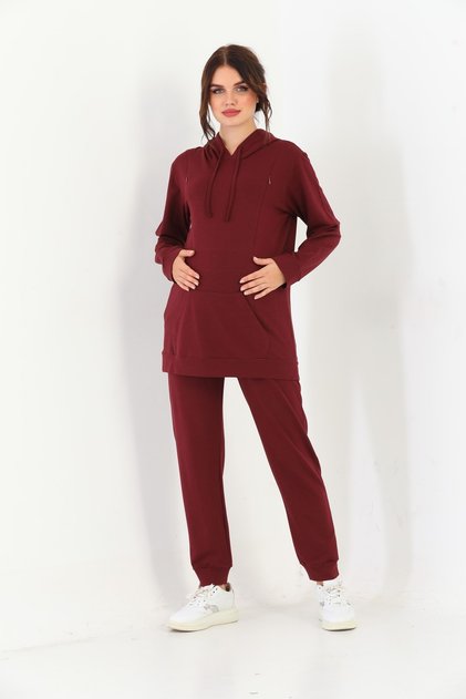 Claret Red Maternity and Maternity Hooded Sweatshirt Tracksuit Set