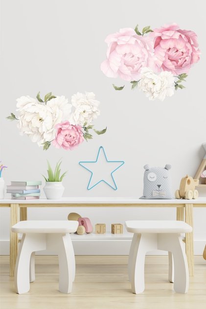 Toz Pembe Krem Şakayık Çiçek Duvar Sticker Seti