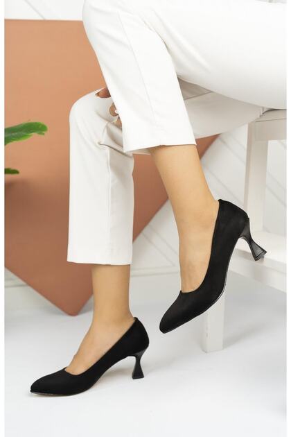 Women's Black Suede Goblet Heel Pointed Toe Stiletto 6.5 cm