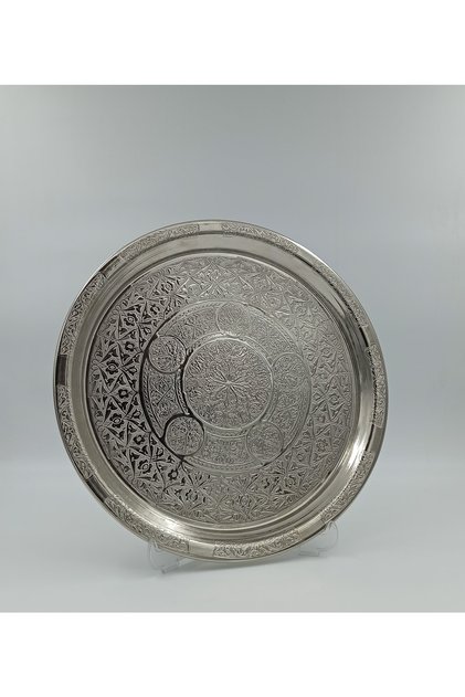 Bakır Tepsi Yuvarlak Desenli 34 Cm Gümüş