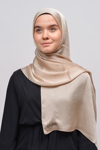 Janjan فستان سهرة حجاب من الساتان اللامع شال شيفون - بيج رملي