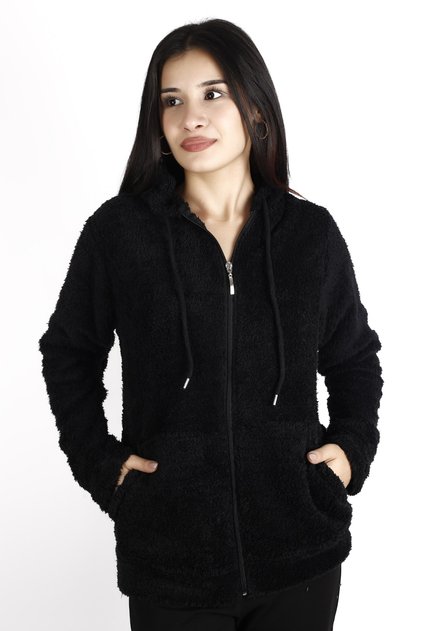 Women's Black Plush Soft Zippered Hooded Pocket Welsoft Jacket 22Kckteres