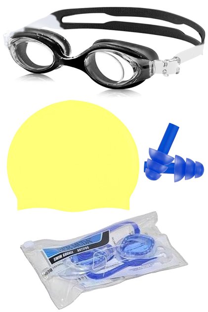 Swimming Goggles Set + Earplugs + Latex Cap and Special Luxury Bag Silicone Glasses