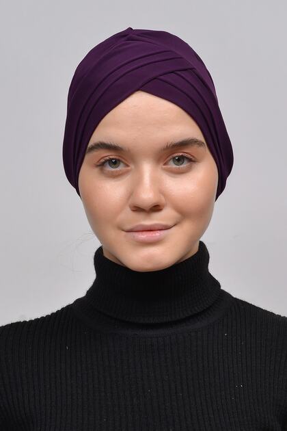 Three-Band Cross External Hijab Cap Ready Turban-Dark Plum