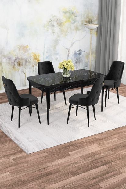 Rovena Mona Siyah Mermer Desen 80x132 Açılabilir Mdf Mutfak Masası Takımı 4 Adet Sandalye - 1