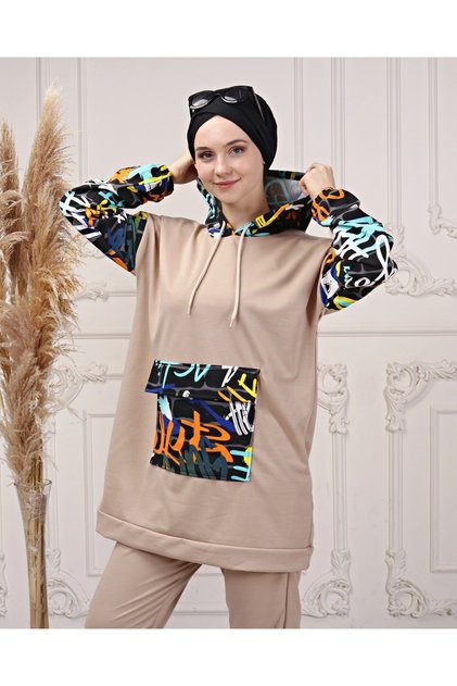 Women's Sleeves Printed Hooded Stylish Color Detailed Tracksuit Set