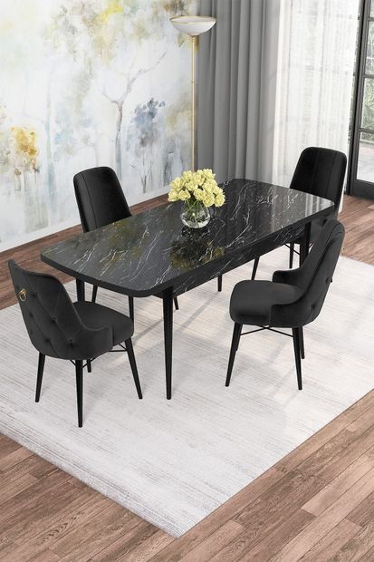 Rovena Mona Siyah Mermer Desen 80x132 Açılabilir Mdf Mutfak Masası Takımı 4 Adet Sandalye - 2