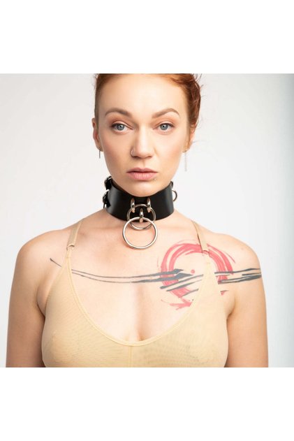 Kadın Geniş Şerit Halka Detaylı Şık Deri Boyun Choker Aksesuar Siyah