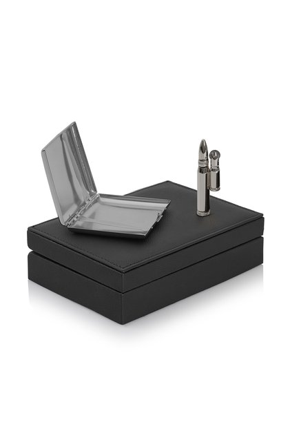 Mermi Çakmak Ve Metal Sigara Tabakası Set Gümüş