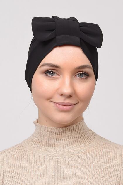 Reversible Cross Hijab Bonnet with Bow - black