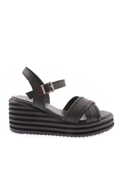 Women's Cross Strap Ankle Strap Wedge Heel Sandals Black Genuine Leather 4263
