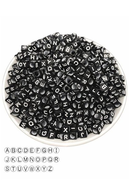 Letter Beads - 6mm White Cube Letter Beads on Black (100Gr,~750 Pieces)